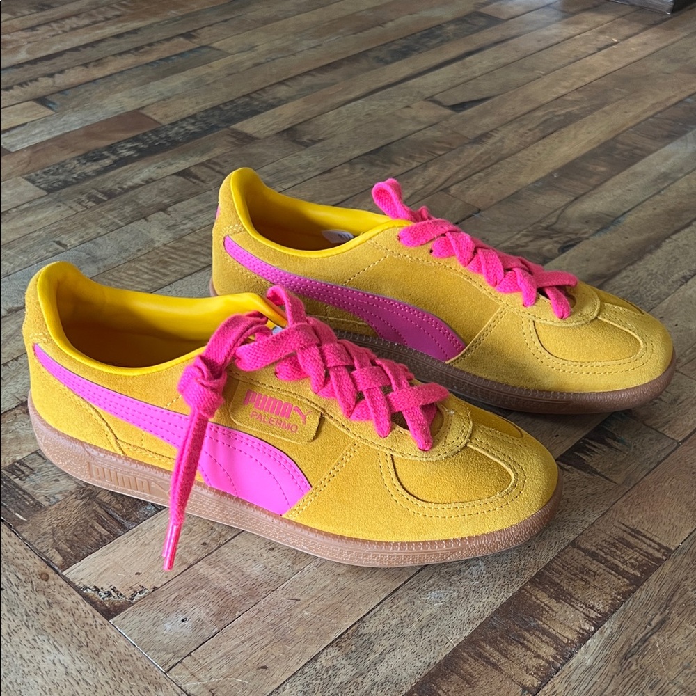 Puma Palermo Yellow Leather Sneakers with Pink Highlights